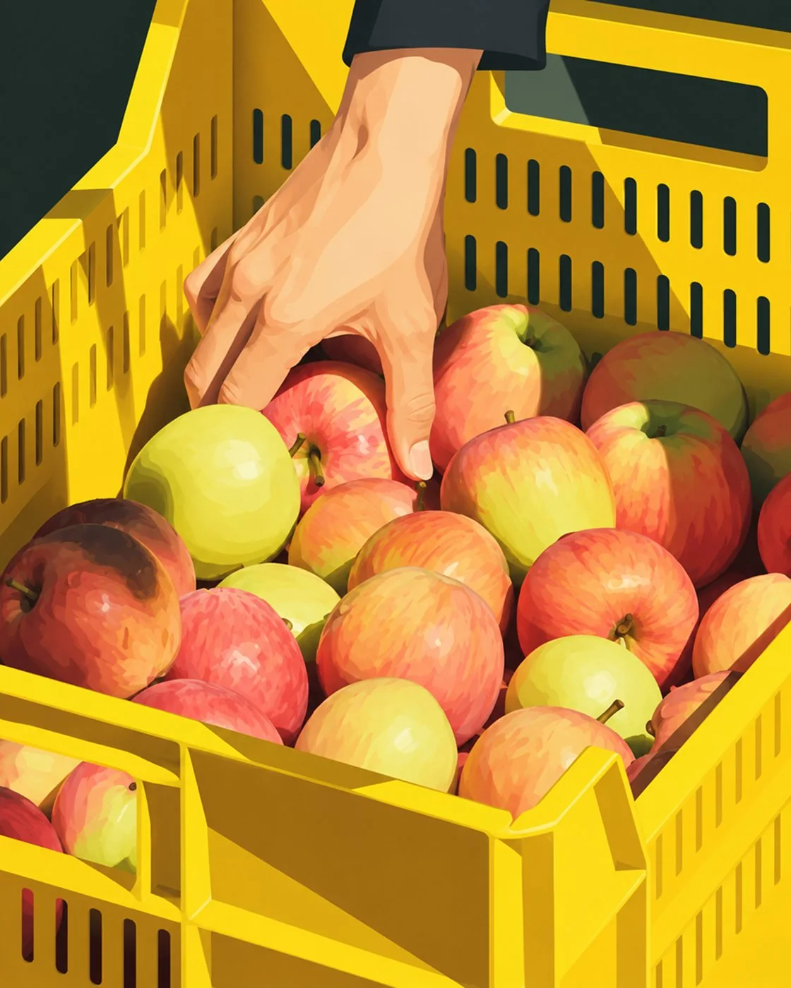 A hand reaching into a yellow crate of fresh apples