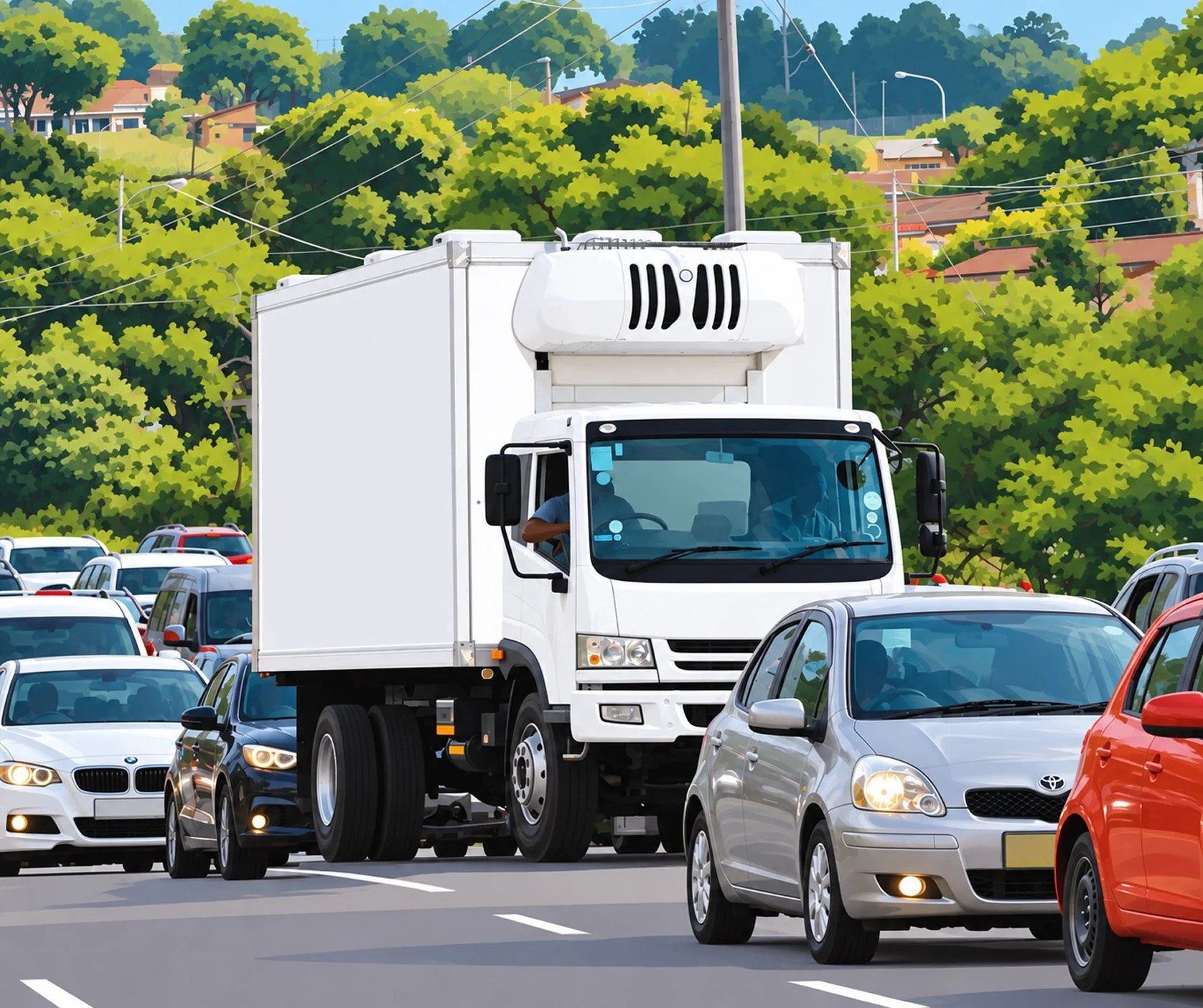 A refrigerated truck in slow-moving traffic