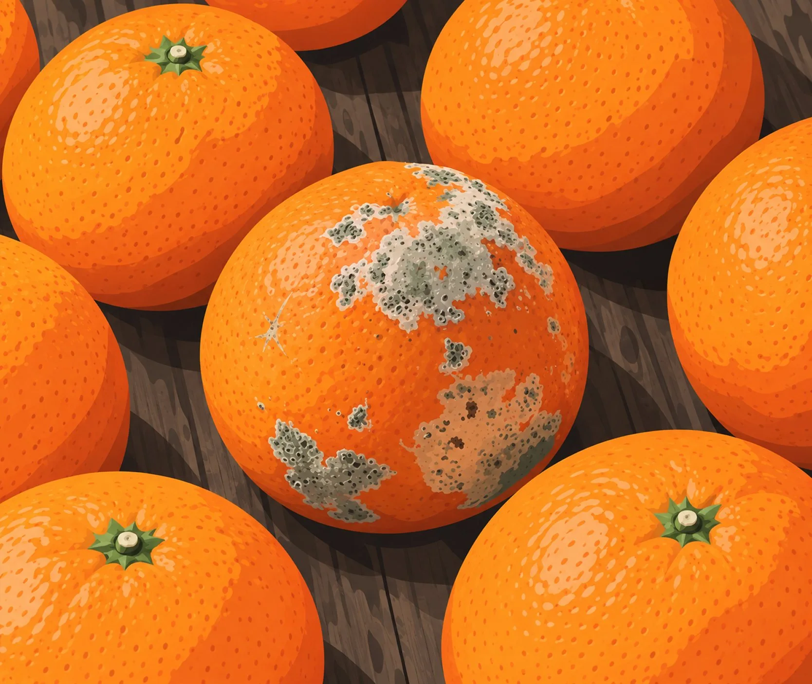 Fresh oranges on a wooden table, one of them spoiled with mould
